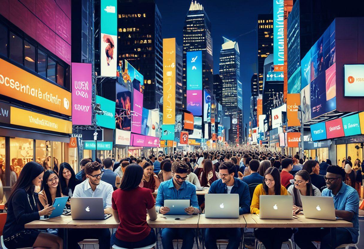 A dynamic collage showcasing various forms of user-generated content, including vibrant social media posts, engaging videos, and interactive multimedia elements. Feature diverse users sharing their content on multiple devices like smartphones and laptops in a modern, urban setting. Incorporate elements of digital creativity, such as colorful graphics and icons representing likes and shares. The background should be a blur of a bustling city to convey the digital age vibe. super-realistic. vibrant colors. urban backdrop.