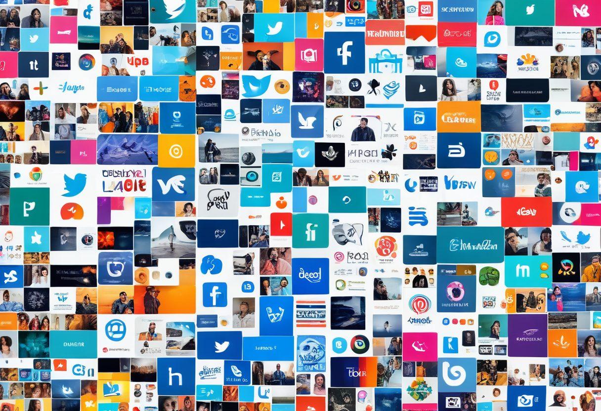 A dynamic collage showcasing diverse user-generated multimedia elements, including vibrant social media posts, colorful video thumbnails, interactive comments, and engaging photos. Represent a community of creators collaborating and interacting, with icons symbolizing various online platforms. Highlight the essence of connection and engagement in a digital space, using bright, eye-catching colors and a modern design. super-realistic. vibrant colors. dynamic composition.