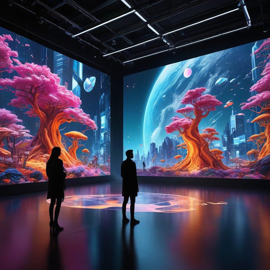 A futuristic digital landscape with diverse users creating stories through interactive visuals, showing various content types like videos, sketches, and animations. Include holographic screens displaying user-generated content colliding with imaginative illustrations that depict the evolution of storytelling. Capture a blend of technology and creativity, with a vibrant atmosphere and glowing elements. futuristic, super-realistic, vibrant colors.